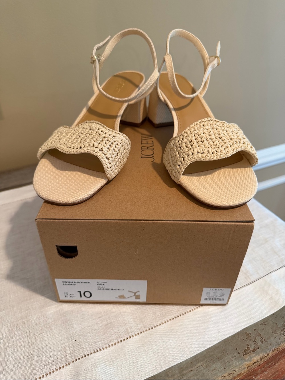 J. Crew Cream Raffia Ankle-Strap Block Heel Sandals